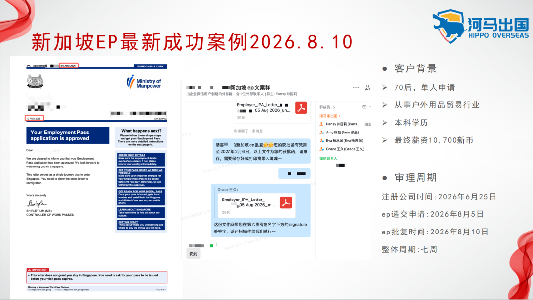 【河马出国喜讯】新加坡EP成功案例｜70后贸易人，5天获批！薪资10700新币，本科也能高效过关